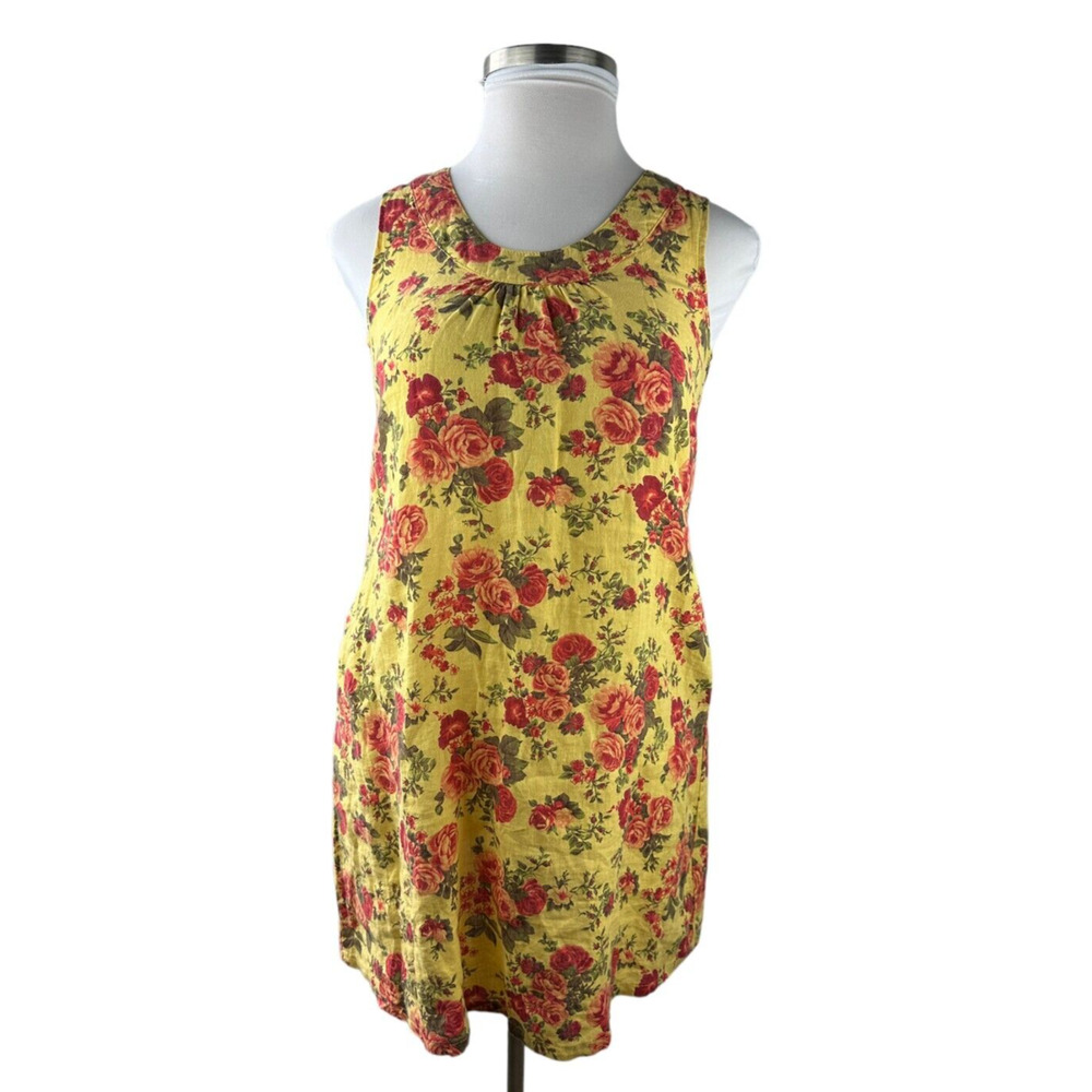 FLAX 100% Linen Shift Dress Floral Yellow Sleeveless Women's Size P Petite - Picture 2 of 12